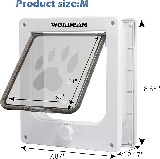 Wordcam Medium Cat Door Flap, 4 Way Locking Cat Door for Interior Exterior Doors, Pet Door for Cats Kitty Kittens Doggies, Robust, Weather-Resistant (White, M)