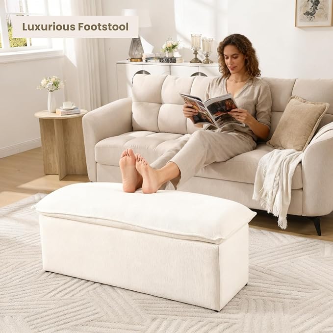 45.5 Inch Storage Ottoman Bench, Modern Upholstered Linen End of Bed Bench with 2 Safety Hinge, Entryway Bench with Seating for Bedroom Living Room, Beige