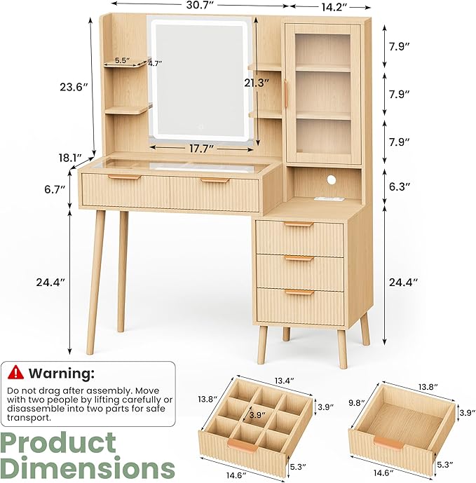 Fluted Vanity Desk with Mirror and Lights, 5 Drawers Glass Top Makeup Vanity with 10 Storage and 9-Grid Organizer, 3 Color Clear Glass Door Dressing Table with Charging Station, Natural Oak