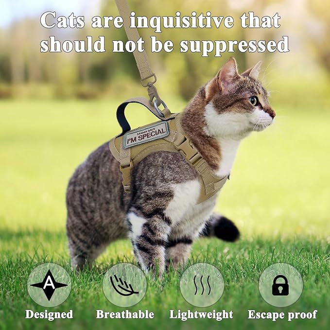 Tactical Cat Harness for Walking Escape Proof, Soft Mesh Adjustable Pet Vest Harness for Large Cat, Small Dog and Khaki (Khaki, Medium)