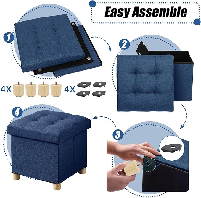 BRIAN & DANY Small Ottoman with Storage, Foot Stool Ottoman Storage Cube, Foot Rest for Couch with Legs, Navy Blue 15" x 15" x 15"