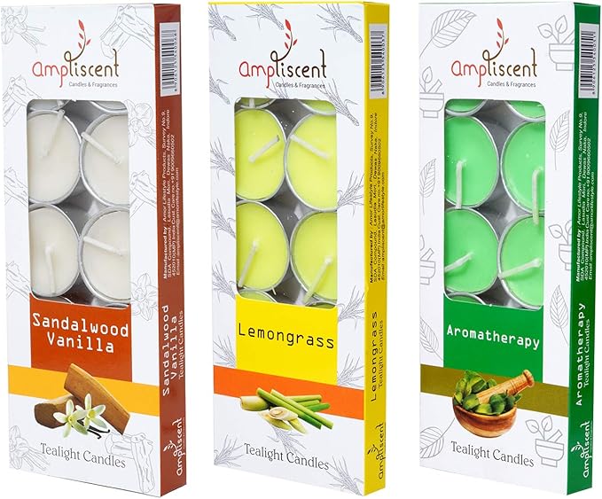 TeaLights Candles I Sandalwood Vanilla + Aromotherapy + Lemongrass I Pack of 3-30 Premium Tealights I Long-Lasting Aroma | for Home Decor, Meditation, Christmas & Holiday Gifts