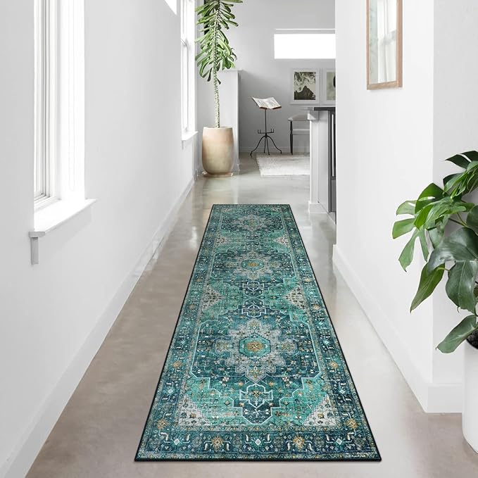 Moynesa Ultra-Thin Washable Runner Rug - 2'6" x 10' Teal Runners for Hallways Stair Carpet Runner, Oriental Non Skid Non Shedding Low Pile Kitchen Mat for Bedroom Mudroom Hardwood Floor