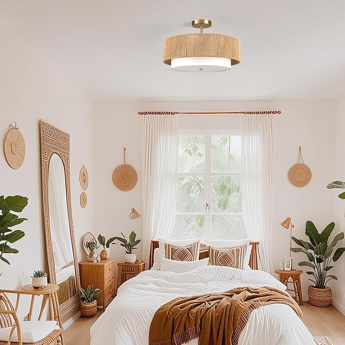 Boho Semi Flush Mount Ceiling Light Rattan Ceiling Light 18" Farmhouse Ceiling Lamp with Natural Hemp Rope Fabric Lampshade for Dining Room Living Room Bedroom Kitchen