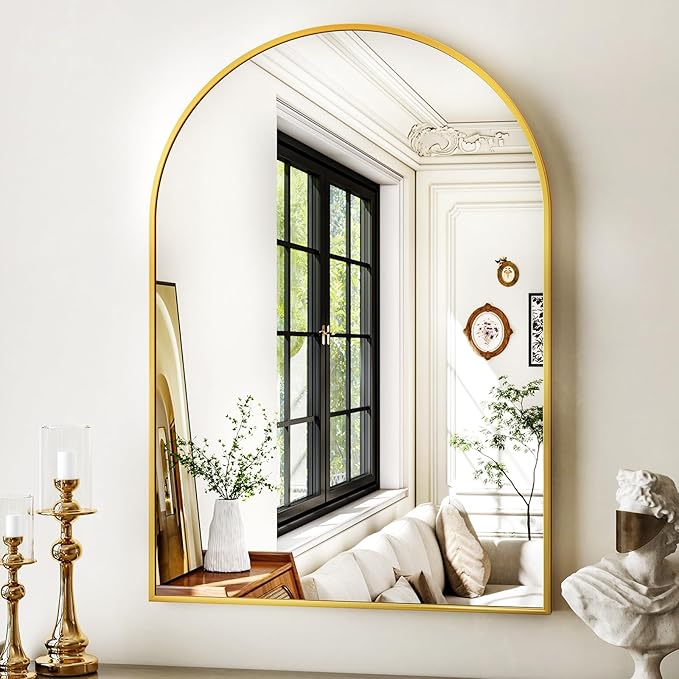 26"x38" Arched Wall Mirror for Bathroom, Gold Vanity Mirror for Bedroom, Living Room, Entryway, Decorative Hanging Mirror for Wall