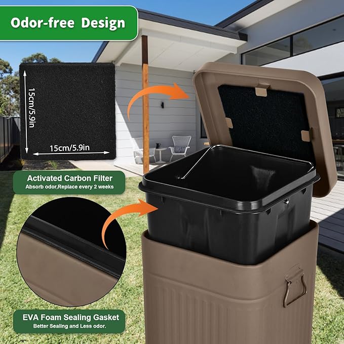 Dog Poop Trash Can with Lid for Outdoors,3.2 Gallon Trash Can with Activated Carbon Filter & Plastic Bags, Pet Waste Container,UP12L-Brown-F+90BK