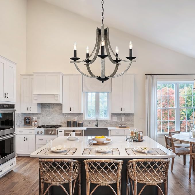 Farmhouse Chandeliers for Dining Room Light Fixture, 5-Light 24 inch Faux Wood Texture Hanging Lighting Fixtures,Rustic Candle Chandeliers for Living Room Kitchen Island Foyer Entryway