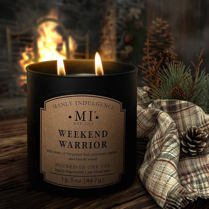 Manly Indulgence Weekend Warrior Scented Candles for Men, 2 Wick, 16.5 oz Premium Soy Blend Wax, 60H Burn, Candles for Home Scented - Made in The USA