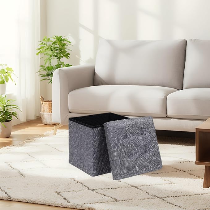 B FSOBEIIALEO Storage Ottoman Cube Foldable Footrest, Chest & Seat for Living Room, Nursery, Bedroom 12.6 Inch Cube (Linen Grey)