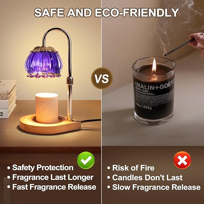 Candle Warmer Lamp with Timer, Adjustable Height Dimmable Candle Warmer Light,Christmas Gift for Women Glass Shade Electric Jar Candle Warming Lantern,Home Decor Cozy House Warming Gifts,Purple