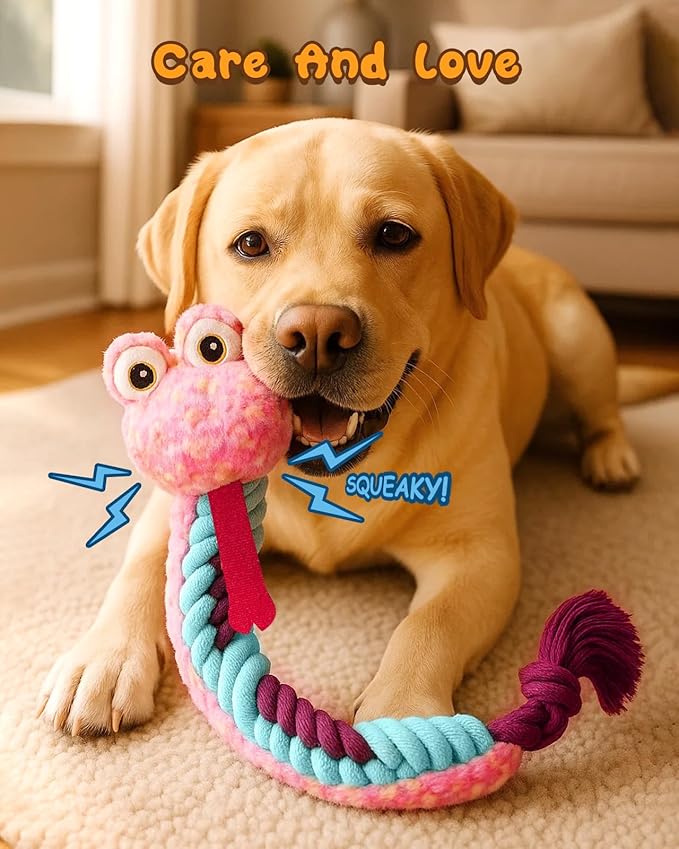 Swooflia Dog Rope Toy - Interactive Cute Snake Squeaky Plush Toys Stuffless, Teeth Cleaning for Small Medium Large and Boredom Dogs, Outdoor Durable Puppy Tug of War Chew Toy