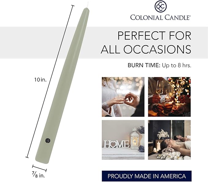 Colonial Candle 10 Inch Bayberry Scented Taper Candle, Virtually Dripless, Premium Wax with Cotton Wick, Pack of 2, Up to 10 Hour Burn - Made in The USA