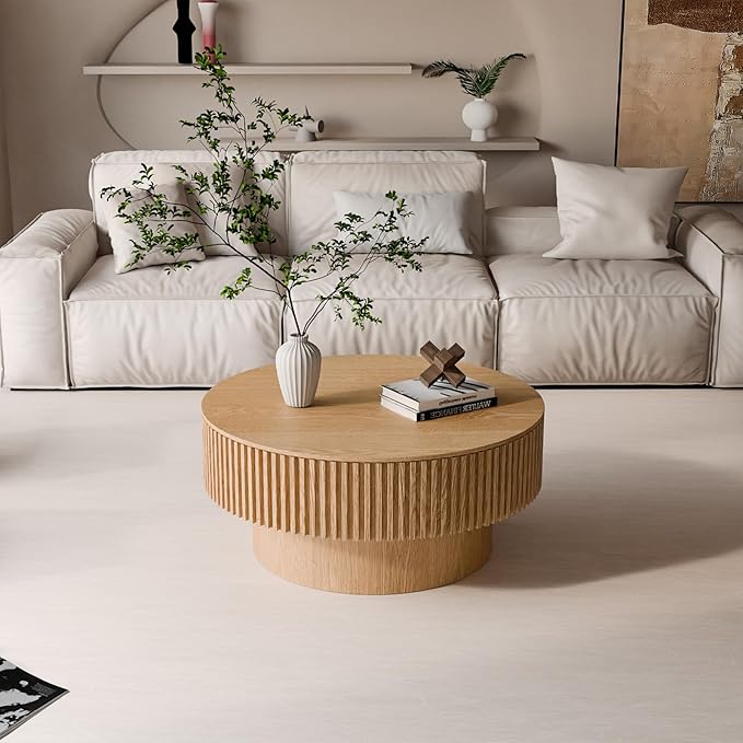 31.5'' Small Round Coffee Table with Storage, Fluted Coffee Table with Solid Wood Veneered, Mid Century Modern Wooden Center Table, Accent Tea Table for Small Space Living Room Apartment, Natural