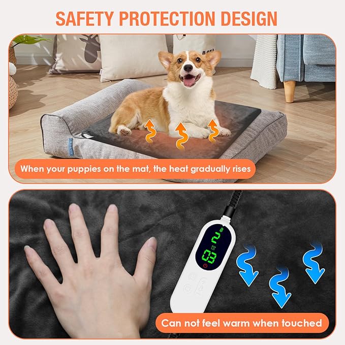 ENJOY PET Cat Dog Heating Pad, 9 Levels Temp & 13 Levels Timer, Chew Resistant Cord, Auto Power Off, 18"L x 18"W x 1.3"Th, Gray