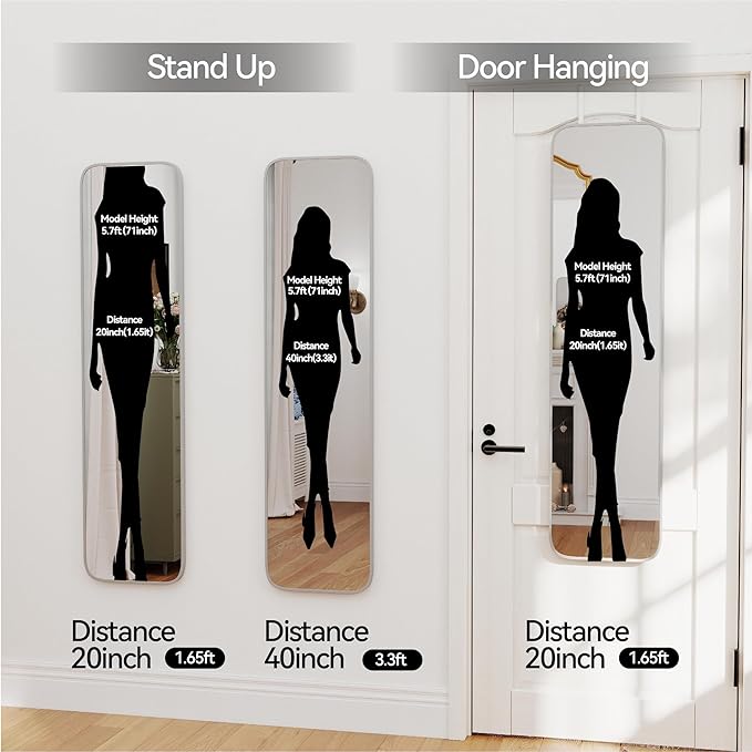 47x14 Mirror Full Body Length Door Hanging/Rope Hang/Wall Mounted Metal Frame Rectangle Mirrors for Bedroom Bathroom Dressing Living Room 47 inch Silver