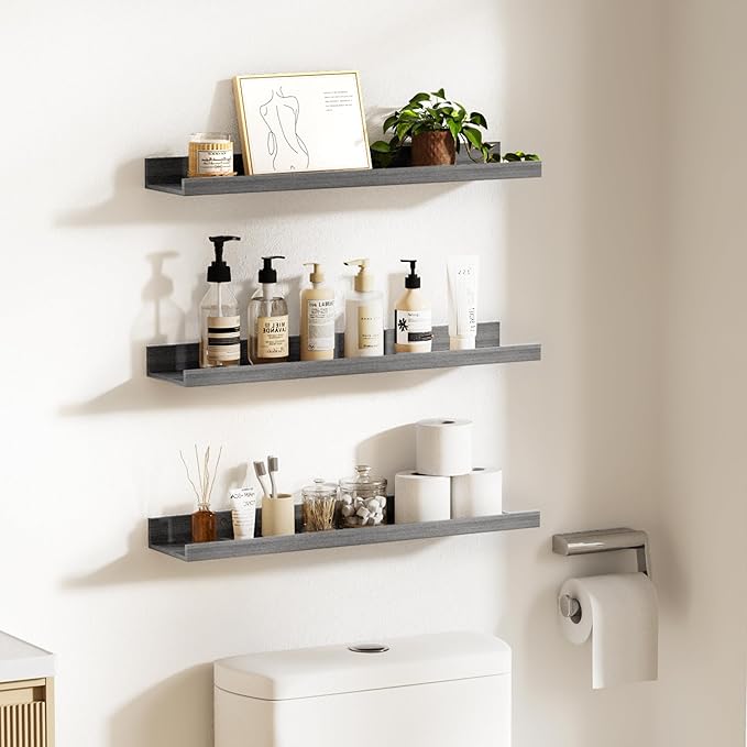 upsimples Floating Shelves for Wall, 23.6 Inch Shelves for Decor Storage Set of 6, Wall Mounted Wood Shelf for Bedroom, Living Room, Bathroom, Kitchen, Long Picture Ledge Shelves, Grey