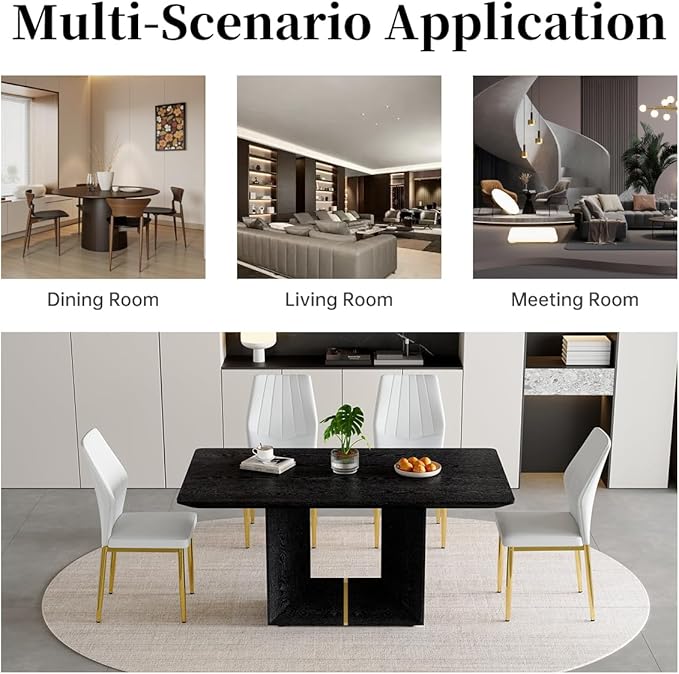 63" Modern Black Dining Table Set for 6 with Chairs, 7 Piece Rectangular Dining Room Table and 6 PU Leather Chairs, Kitchen Dining Set with Matte Wood Finish, Geometric Base, Easy Assembly