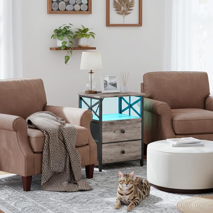 AMHANCIBLE Night Stand Set 2, LED Nightstand with Charging Station, End Tables Living Room with Fabric Drawers, Bedside Table for Bedroom, Greige, HET052LGY