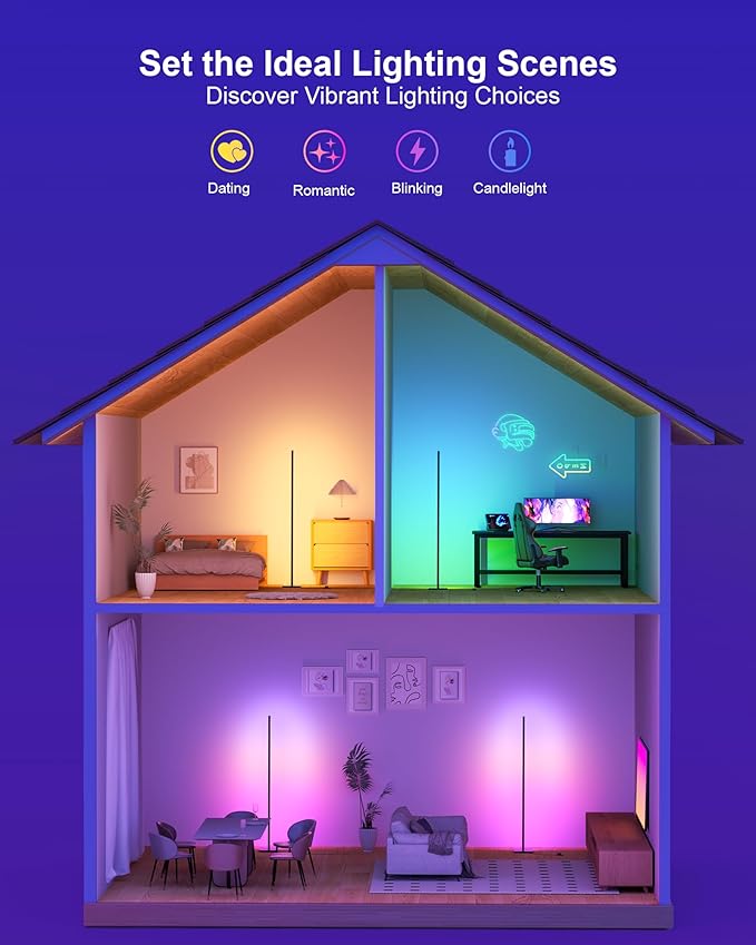 Gold Floor Lamp with Remote, Aluminum LED Corner Floor Lamp with Alexa, Smart Corner Lamp with DIY Music Sync and 16 Million Colors, 3000K and RGB CCT Standing Lamp for Bedroom Living Room