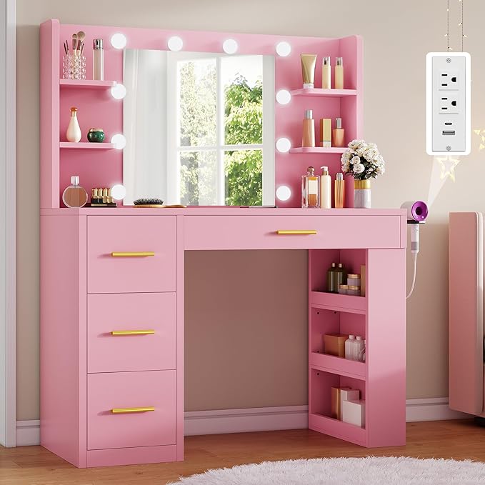 DWVO Makeup Vanity with LED Mirror, 40" Big Vanity Makeup Table with 4 Drawers and 7 Open Storage Shelves, Built-in Power Outlets & Hairdryer Holder, Pink
