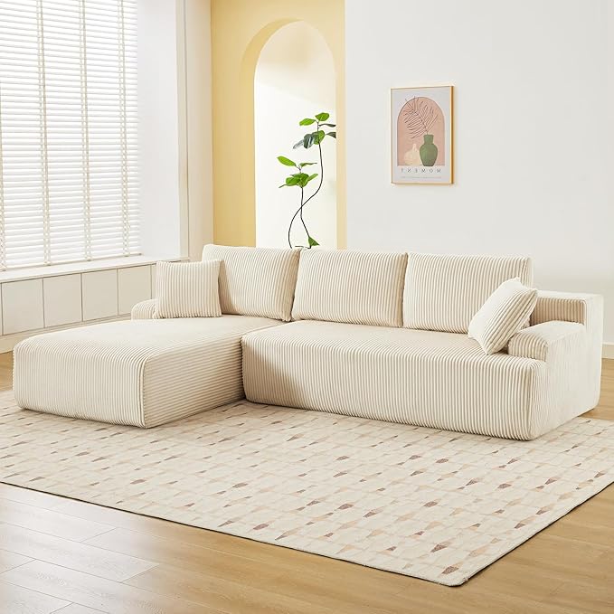 Sectional Cloud Couch for Living Room L Shaped Couch with 3 Seat Ind. Chaise Longue Corduroy Fabric Boneless Modular Modern Sofa with Pillows for Apartment and Small Space White