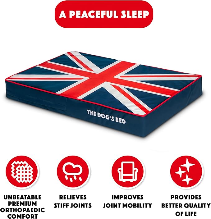 The Dog’s Bed Orthopedic Memory Foam Dog Bed, Medium Blue & Red Trim UK Center Flag 34x22, Pain Relief for Arthritis, Hip & Elbow Dysplasia, Post Surgery, Supportive, Calming, Waterproof Washable