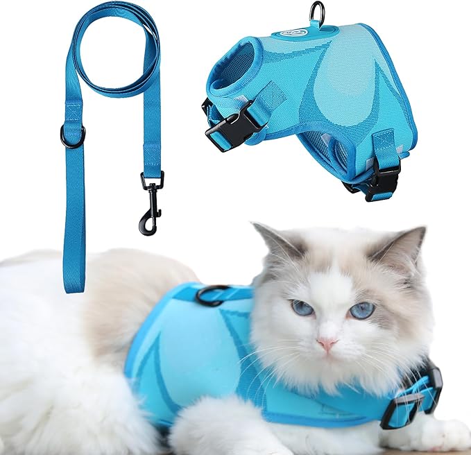 EVERKING Cat Harness and Leash Set, New Fly Fabric, Soft and Breathable, Adjustable cat Walking Jacket, Fashionable cat Vest (Blue, S(Neck 7.48"-9.06", Chest 11.42"-18.11", 5-11lbs))