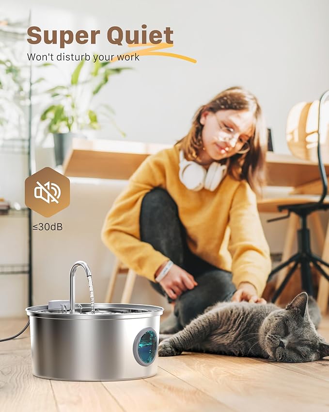 Stainless Steel Cat Fountain - 108oz/3.2L Pet Fountain for Cats Indoor - Quiet - Contains 8 Filters + 8 Sponges