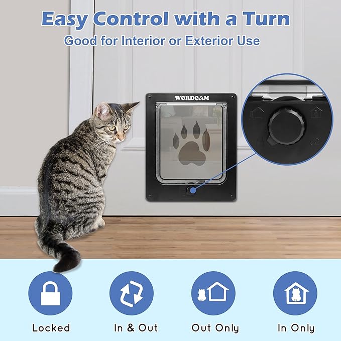 Wordcam X-Large Cat Door, Strong Cat Door for Interior Exterior Doors, 4 Way Locking Pet Door for Cats Up to 25lbs, Cat Flap for Kitten Doggies, Easy Installation, Weatherproof (Black,XL)