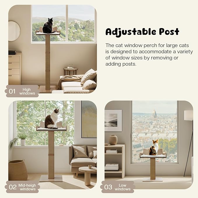 Cat Window Perch with Thick Sisal Scratching Post, Cats Hammock for Window with 3 Upgrade Suction Cups, 55" Adjustable Tall Cat Scratching Post with Large Perch, Cats Window Bed with Fuffy Cushion