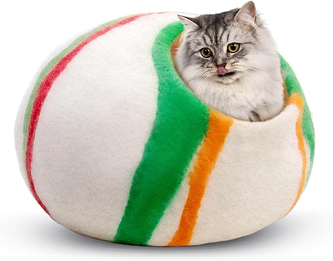 Woolygon Premium Felt Cat Cave Bed β Wool Kitty Beds Handcrafted Kitten Caves Bed for Indoor Cats - Made from 100% Eco-Friendly Merino Wool, Foldable Cat Hidewawy Covered Cat House Pod (Candy Swirl)