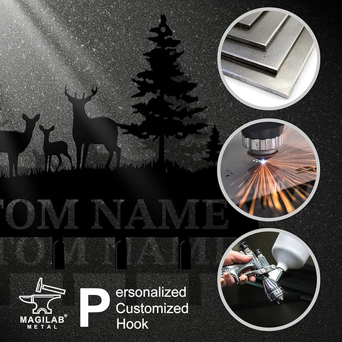 Personalized Custom Name Forest Deer Wall Keys Hooks,Metal Forest Deer Art Clothes Hooks,Metal Forest Deer Wall Home Storage Decorative,For Front Door, Hallway, Kitchen, Bedroom,Keys,Hats (Style I)