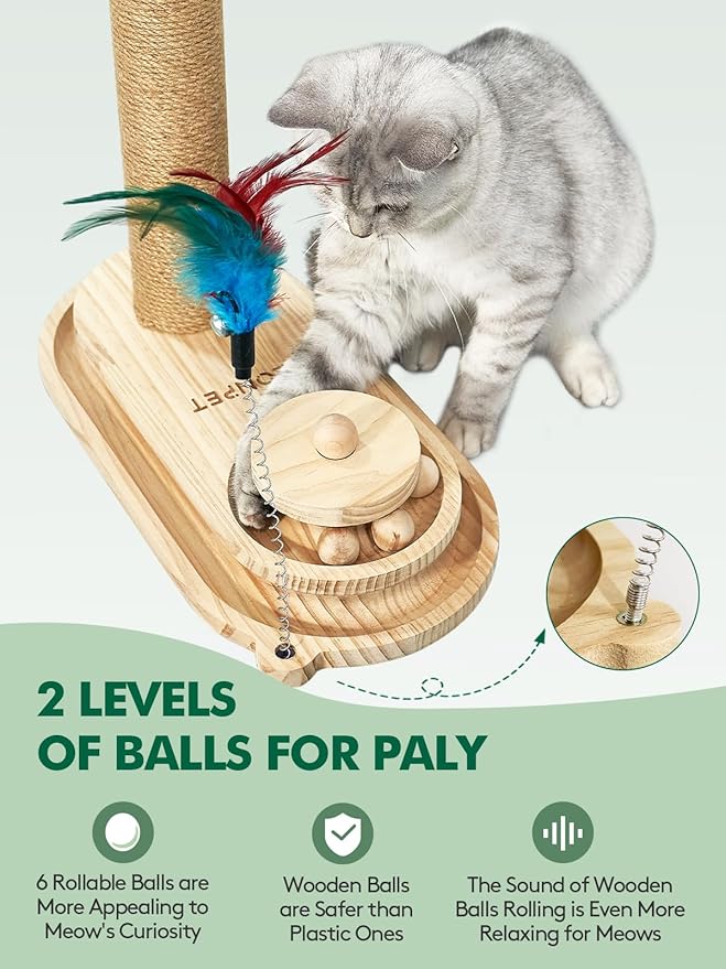 NZONPET Cats Scratching Post 34.3" Tall Scratch Post Premium Sisal Rope Scratch Posts for Kitten and Adult Cats All Natural Rope Wooden Ball Track Interactive Toy with Dangling Balls
