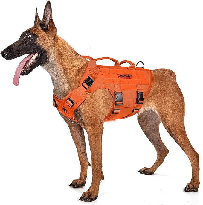 OneTigris Large Tactical Dog Harness, No Pulling Adjustable Dog Vest Harness, Heavy Duty Dog Harness with Handle, Large Hook and Loop Panels for Patch(Orange,L)