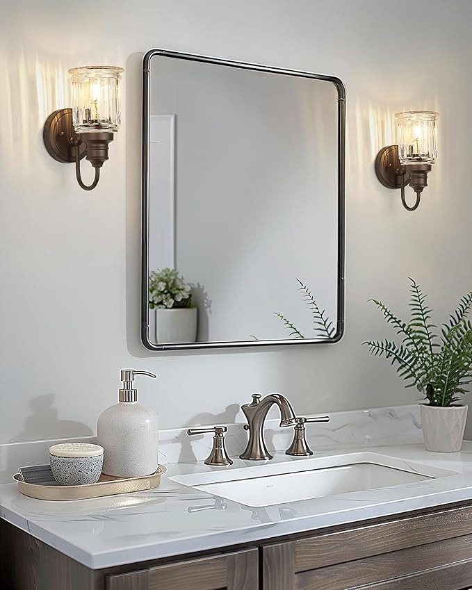 Sconce Wall Lighting, HWH 1-Light Wall Sconce Modern Indoor Wall Light Fixtures, Single Bathroom Vanity Light with Bell-Shaped Fluted Clear Glass, Oil-Rubbed Bronze Finish, 5HZG106B ORB