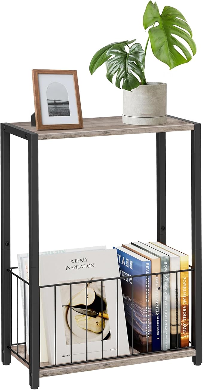Narrow Side Table with Magazine Holder, Skinny End Table Perfect for Small Spaces, Space-Saving Design for Living Room, Bedroom, or Office, 7.1" D x 16.9" W x 23.6" H, Greige
