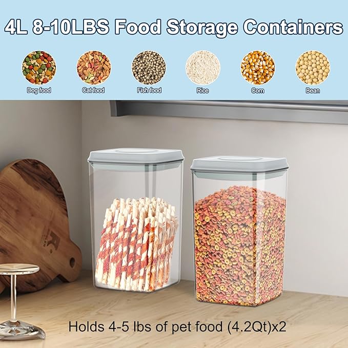 Airtight Dog Cat Food Storage Container and Dog Treat Containers BPA-Free, PET Clear Stackable Pet Storage Bin, 1 Cup Scoop, 1 Sponge cleaning brush, Pop Top, With handle-4.2Qt 2Pack