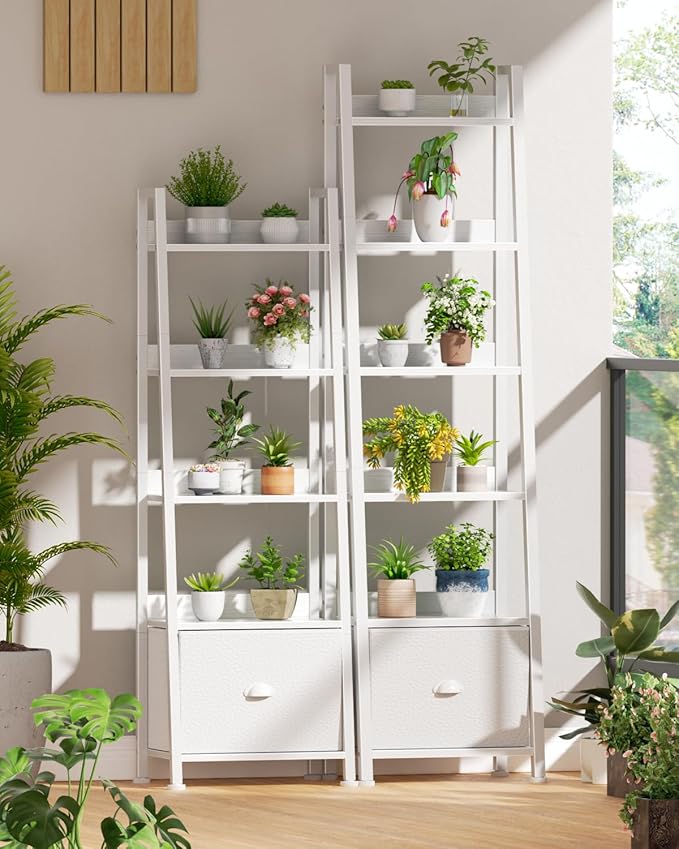 Furologee 6 Tier Ladder Shelf,Ladder Bookshelf with Drawer,Modern Tall Bookcase,Storage Rack Organizer,Wood Metal Freestanding Shelves for Living Room, Home Office, Bedroom, White