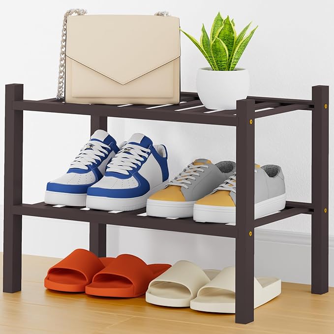 Smiry Shoe Rack, 2 Tier Thick Small Bamboo Shoe Organizer, Stackable Free Standing Wooden Shoe Storage Shelf for Closet, Entryway, Front Door Entrance, Black