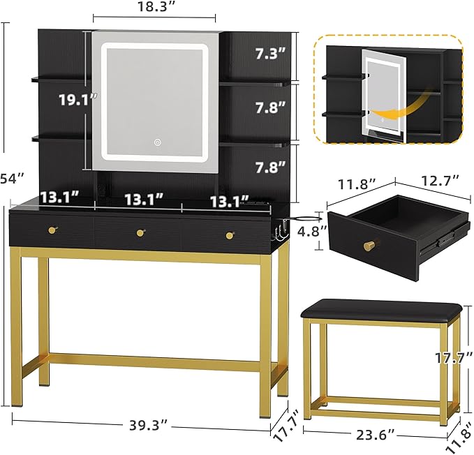 DWVO Vanity Desk with LED Lights Mirror & Power Outlet, Adjustable 3 Lights Modes, Makeup Table with Stool and Hidden Storage Shelves, 3 Drawers, Dressing Table Set with Chair, Upgraded, Black