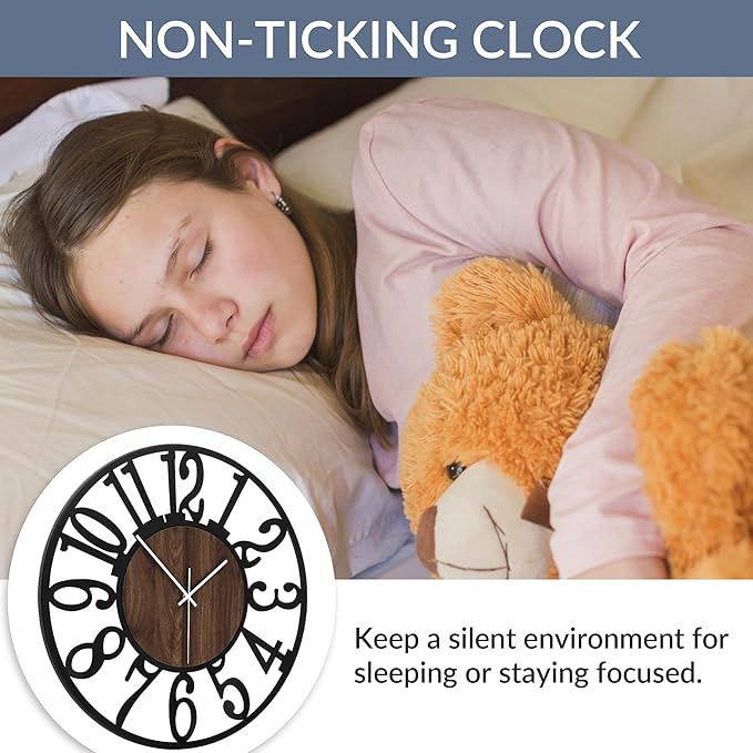 LEIKE 16in Arabic Numeral Wall Clock Battery Operated Black, Silent Non Ticking, Wall Clocks for Living Room Decor, Small Classic for School, Office, Home, Kitchen, Bedroom