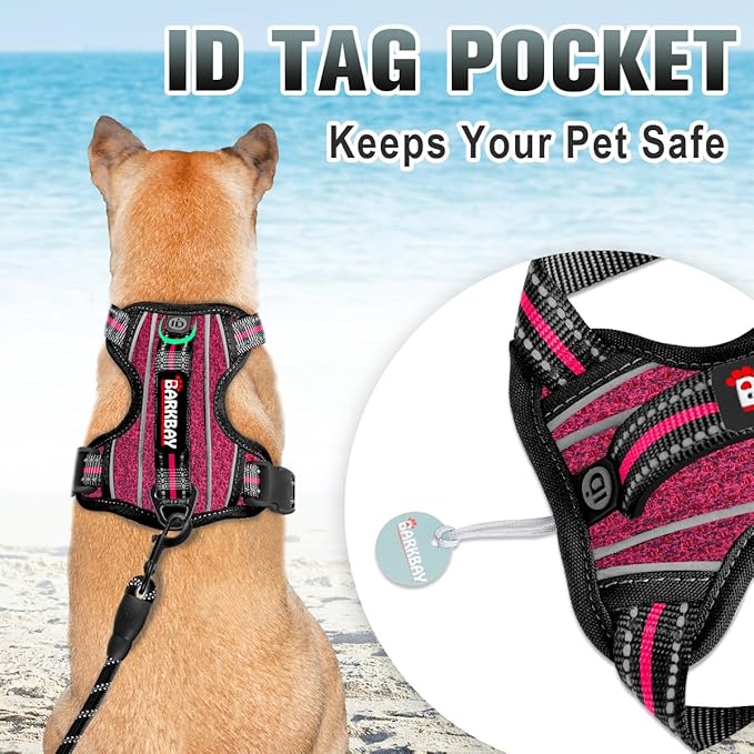BARKBAY No Pull Dog Harness Large Reflective Dog Harness with Front Clip and Easy Control Handle for Walking Training Running with ID tag Pocket(Pink/Black,XS)