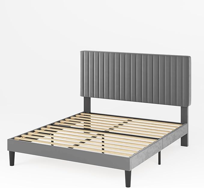 Allewie Queen Bed Frame, Velvet Upholstered Platform Bed with Adjustable Vertical Channel Tufted Headboard, Mattress Foundation with Strong Wooden Slats, Box Spring Optional, Easy Assembly, Grey