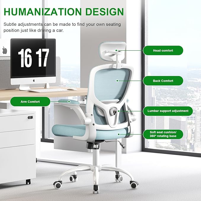 Office Computer Desk Chair - Lumbar Support and Headrest, Ergonomic Mesh Back Swivel Task Chair,Flip-Up Arms for Desk Work, 90-120° Tilt Rolling Chair for Home Office(White-Blue6076)