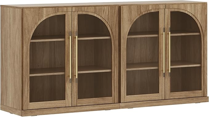 BELLEZE Set of 2 Modular Sideboard with Arched Glass Door, Accent Display Buffet Cabinet with Storage and Adjustable Shelves,Classic Modern Credenza for Dining Room Living Room Entryway (Camel)