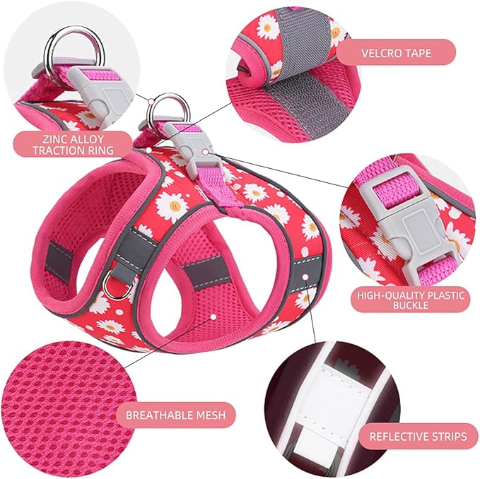 Step in Dog Harness and Leash Set, Flower Adjustable Easy Walk Puppy Harnesses, Soft Mesh No Pull Pet Vest Harness for Small Medium Dogs(Strawberry, S)