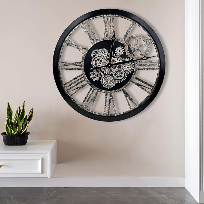 The B-Style Large Real Moving Gears Wall Clock 30 inch Rustic Retro Industrial Farmhouse Wood Clock Oversized Decorative Vintage Wall Clocks for Living Room (Black and Bronze)