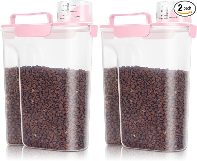 TBMax 2 Pack Cat Dog Food Storage Containers 10 to 14 Lbs, Portable Travel Pet Container Dispenser with Easy-Pouring Spout & Cup, Airtight Bird Seed Container Dog Treat Storage Bin -Pink