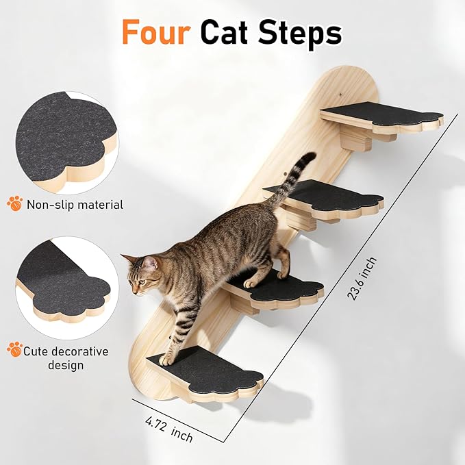 XiaZ Cat Wall Hammock Mounted Bed with 4 Climbing Steps, Modern Cats Shelves and Perches up to 30lbs, Wooden Kitten Wall Furniture for Indoor Sleeping, Playing, Climbing and Lounging