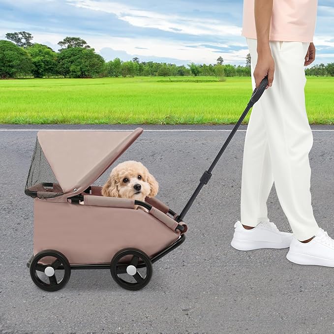 Small Dog Stroller, Pet Stroller for Shopping Walking, 4 Wheels Folding Dog Cart, for Cats/Dogs Weighing Less Than 15.43 Pounds (Pink)